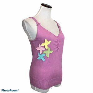 Vertigo Purple Knit Tank Top Appliqued Flowers L